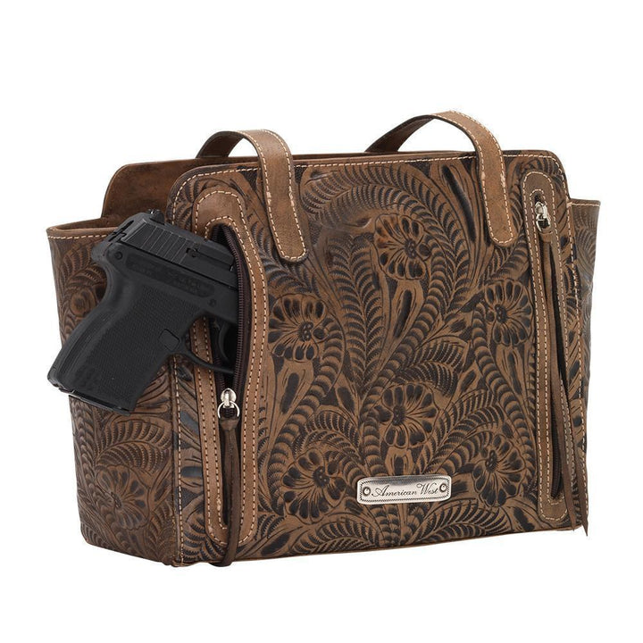 Back view of Cow Town conceal carry tote with gun