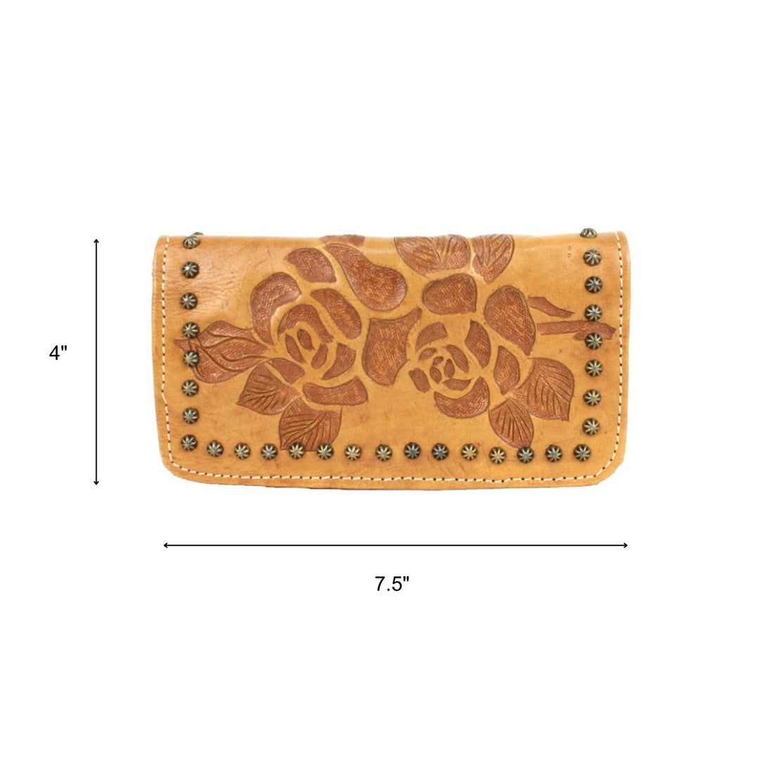 Texas Rose tri-fold wallet in natural tan with hand tooled leather accents with dimensions