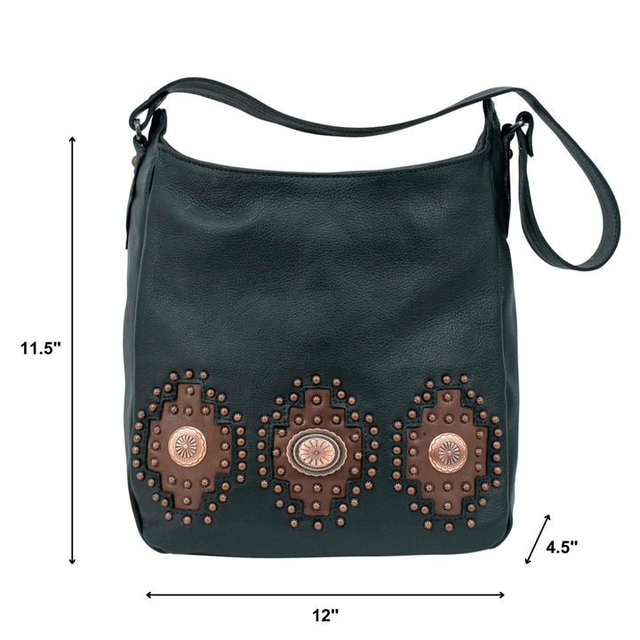 Midnight Copper conceal carry shoulder bag in black with hand tooled accents with dimensions
