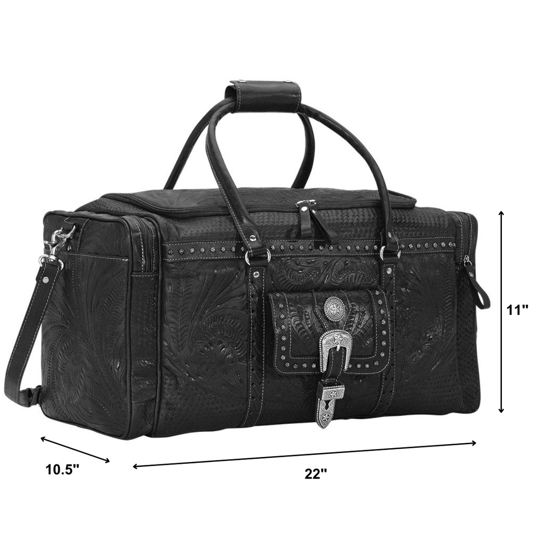 Classic Travel duffel bag with front pouch and side zipper pockets in black with hand tooled leather and buckle set accents with dimensions