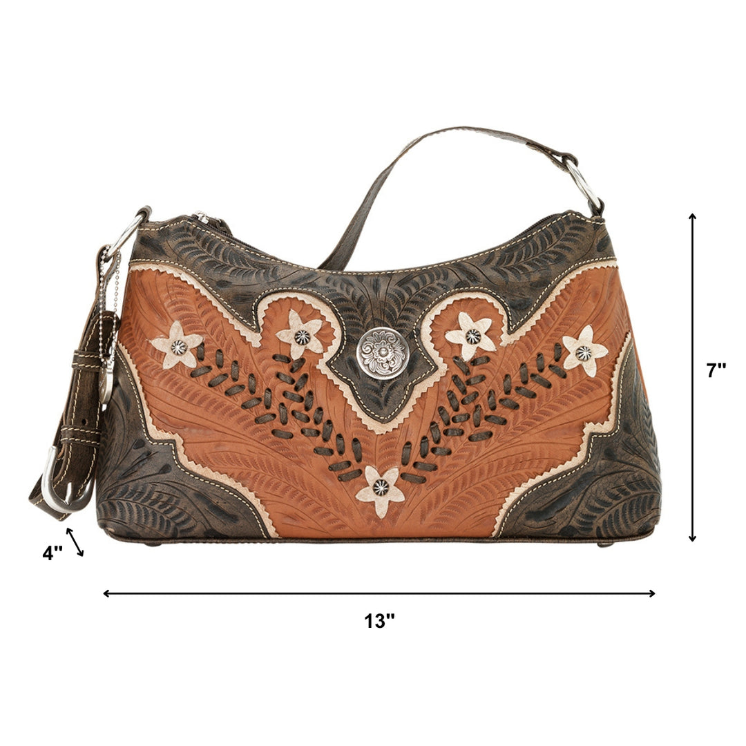 Desert Wildflower shoulder bag in natural tan with hand tooled leather cream colored flower accents with dimensions