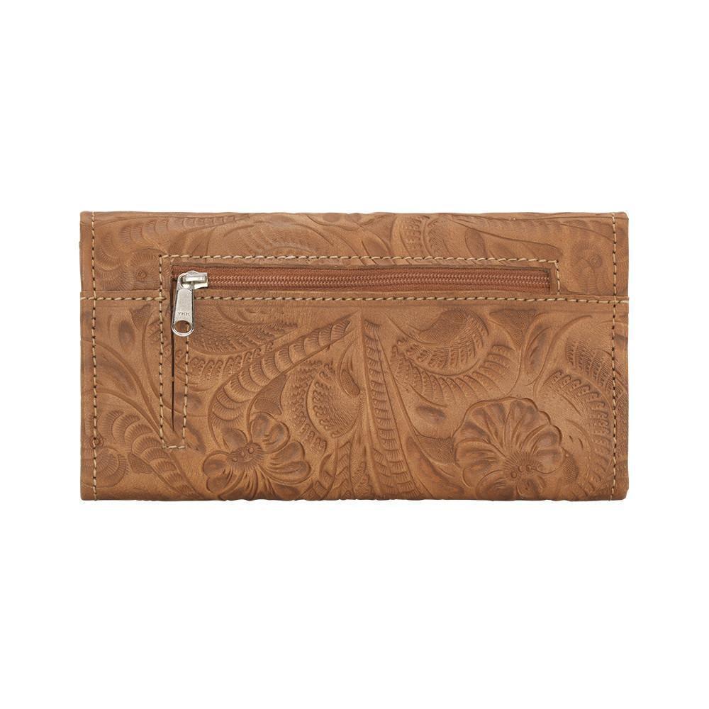 Back view of Saddle Ridge tri-fold wallet with zippered pocket and hand tooled leather designs