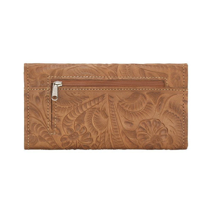 Back view of Saddle Ridge tri-fold wallet with zippered pocket and hand tooled leather designs