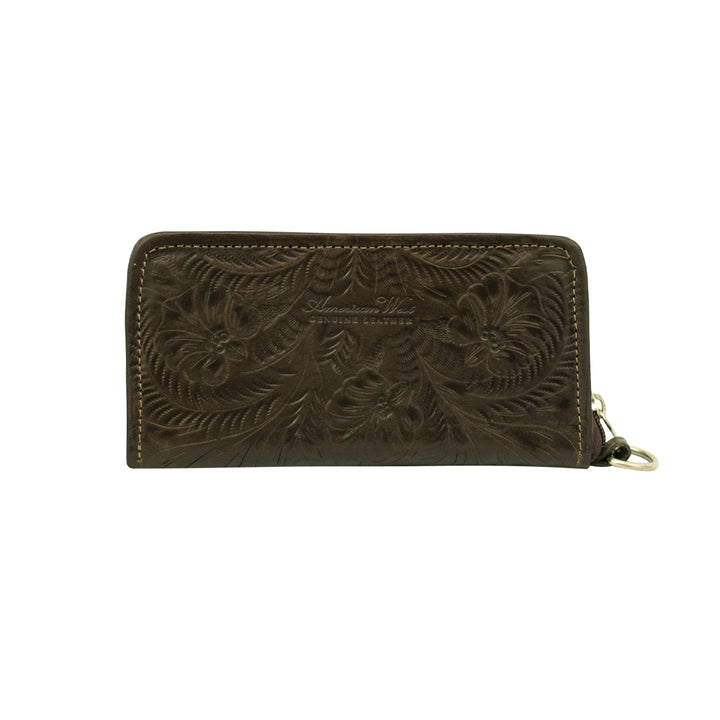 Back view of Saddle Ridge tri-fold wallet in chocolate brown