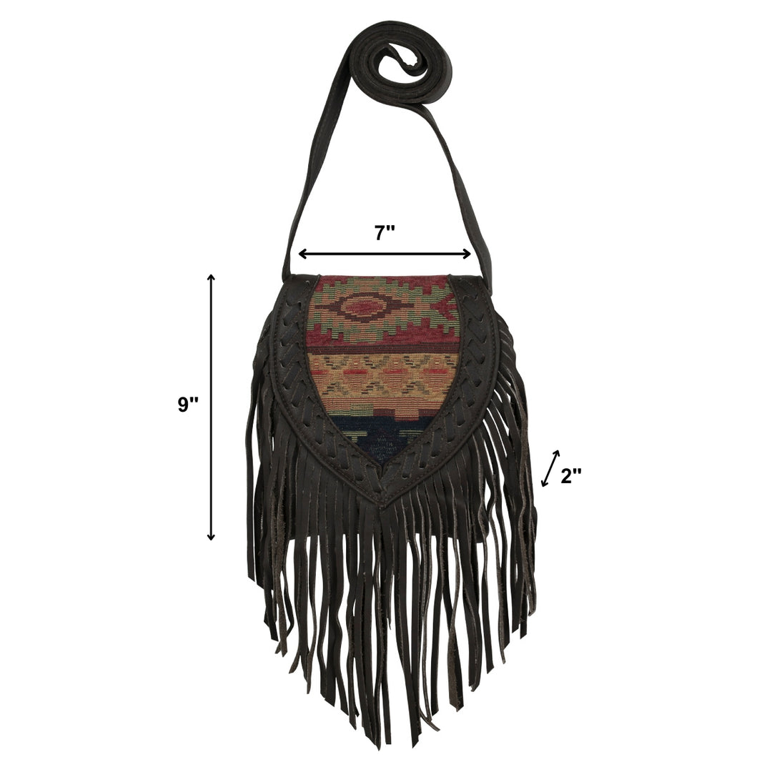 Fringed Cowgirl crossbody in woven tapestry with fringe accent with dimensions