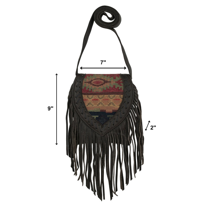 Fringed Cowgirl crossbody in woven tapestry with fringe accent with dimensions