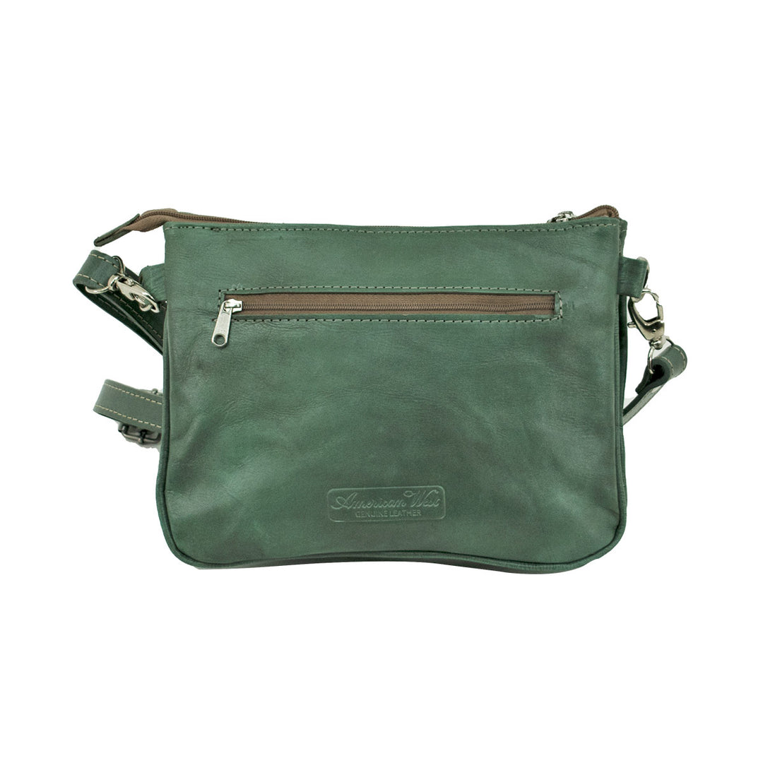 Back view of Navajo Soul multi-compartment crossbody bag with zippered pocket