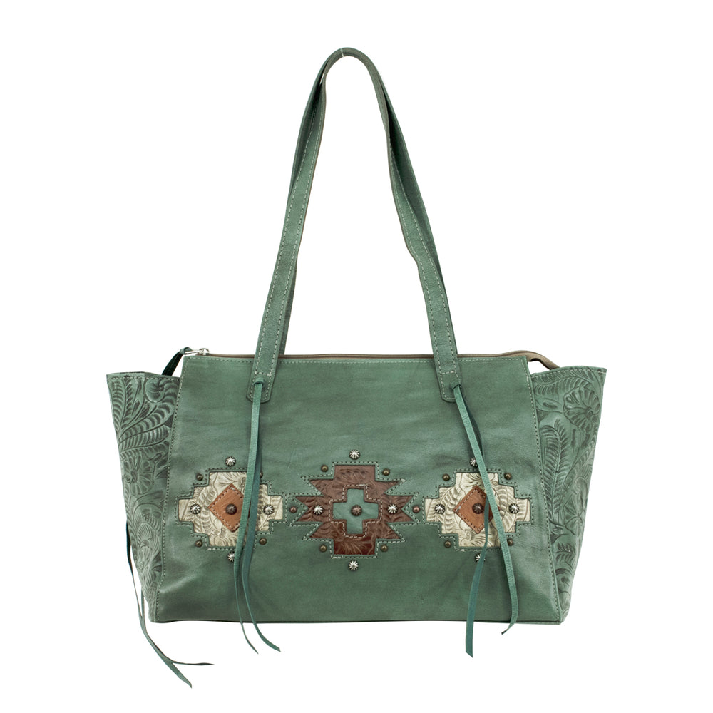 Navajo Soul conceal carry tote in light turquoise with hand tooled leather accents with straps up