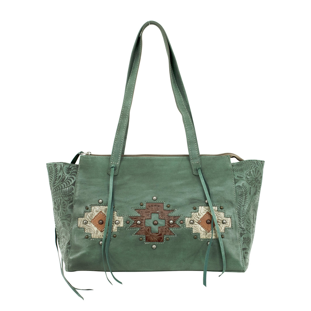 Navajo Soul conceal carry tote in light turquoise with hand tooled leather accents with straps up