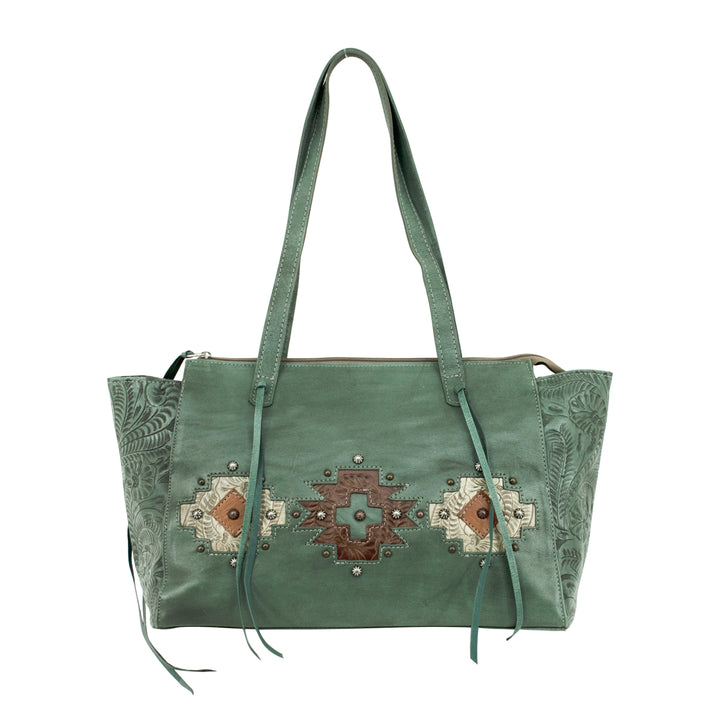 Navajo Soul conceal carry tote in light turquoise with hand tooled leather accents with straps up