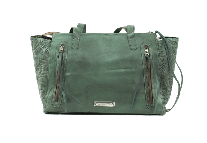 Back view of Navajo Soul conceal carry tote with back zippered pocket with double opening
