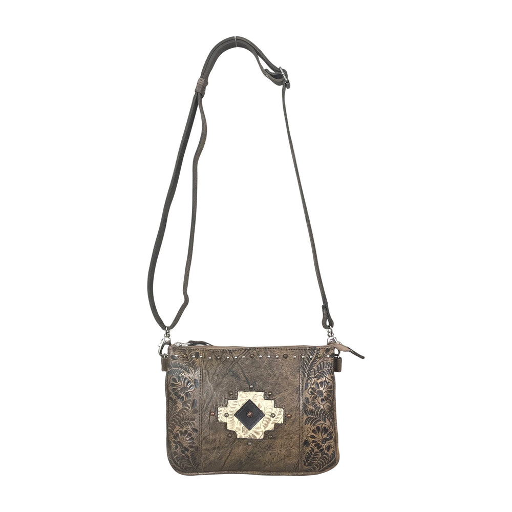 Navajo Soul multi-compartment Crossbody in distressed charcoal brown with hand tooled leather accents with strap attached
