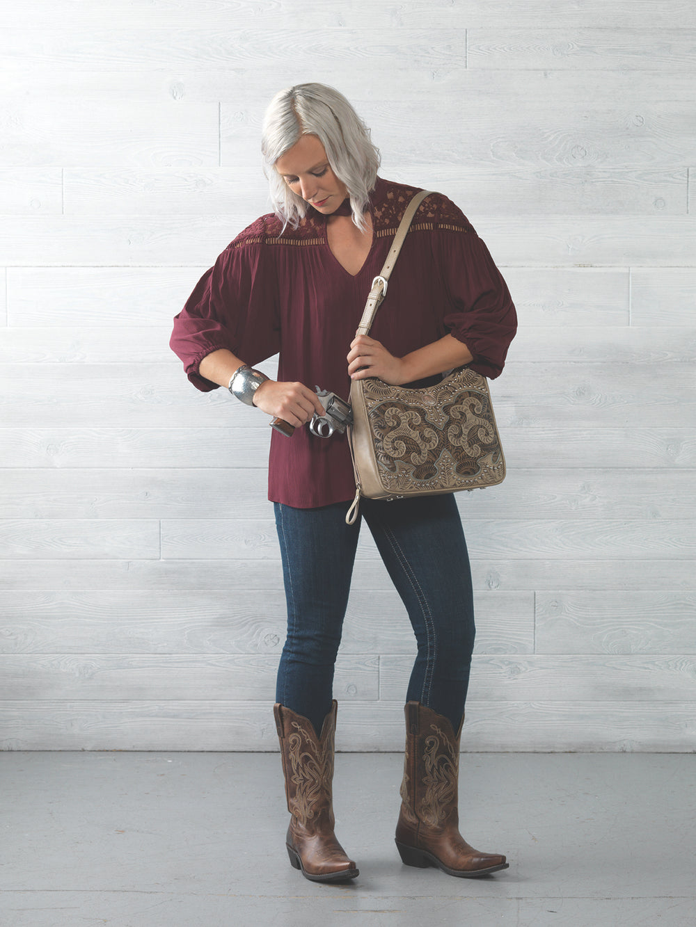 Annie's Secret conceal carry shoulder bag in sand with hand tooled leather accents