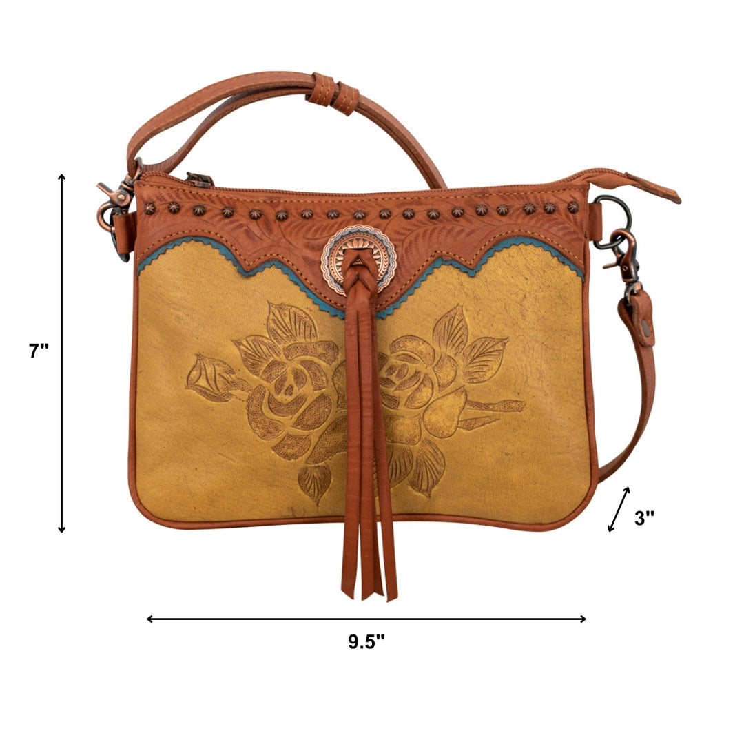 Texas Rose multi-compartment crossbody in natural tan with hand tooled leather accents and bolo concho with tassel with dimensions