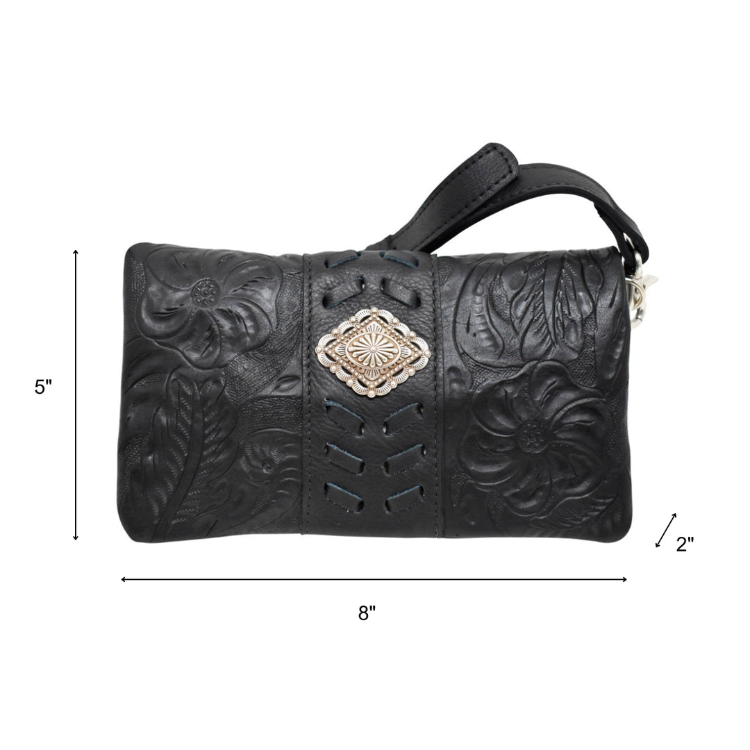 Grab and Go crossbody foldover wallet/crossbody in black with hand tooled leather accents and concho with dimensions
