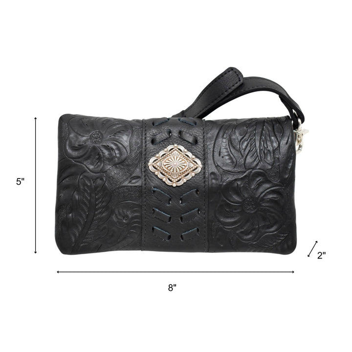 Grab and Go crossbody foldover wallet/crossbody in black with hand tooled leather accents and concho with dimensions