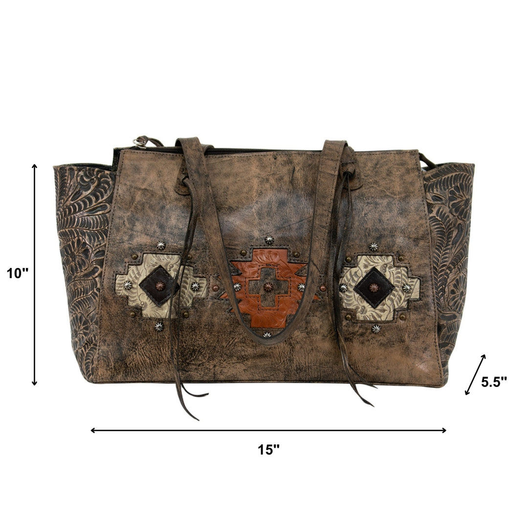 Navajo Soul conceal carry tote in distressed charcoal brown with hand tooled leather accents with dimensions