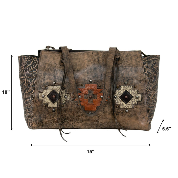 Navajo Soul conceal carry tote in distressed charcoal brown with hand tooled leather accents with dimensions