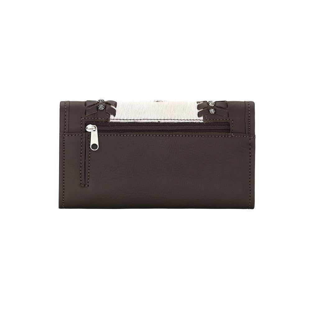 Back view of Cow Town tri-fold wallet with zippered pocket