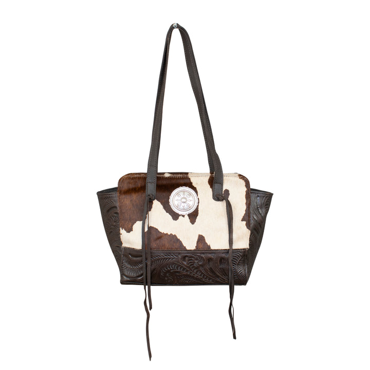 Cow Town conceal carry tote in pony with hair-on hide leather accents with straps up