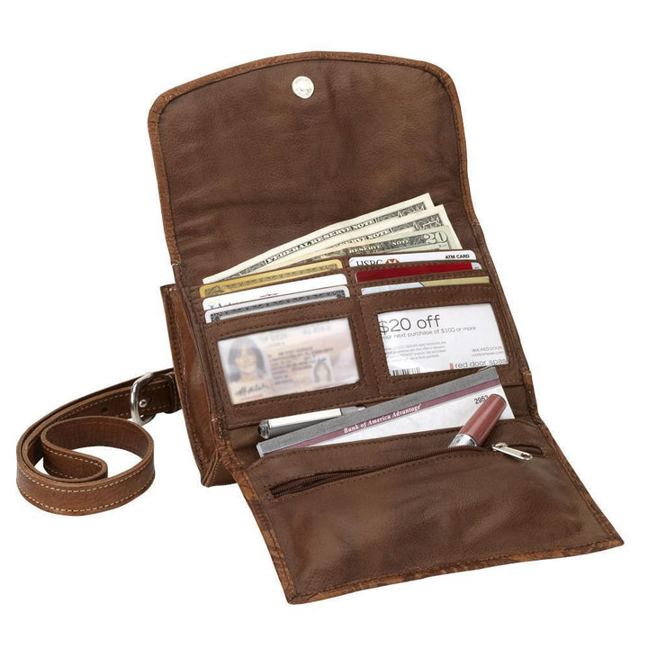 Inside view of Cow Town crossbody bag with multiple card and slip pockets and clear id holder