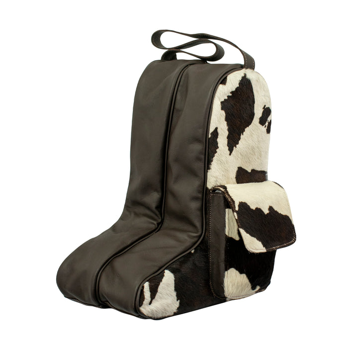 Side view of Cowtown boot bag in pony with hair-on hide leather accents