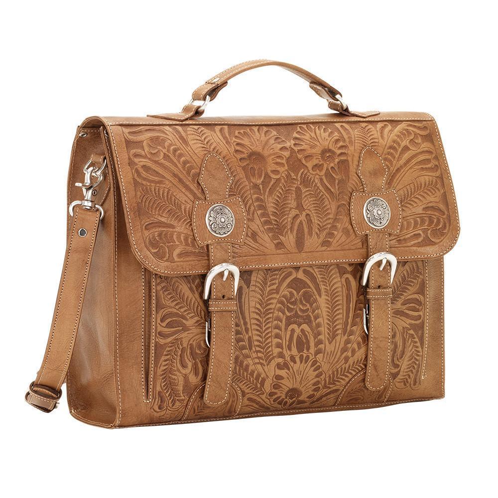 Side view of Classic Travel multi-compartment briefcase in light tan with hand tooled leather accents