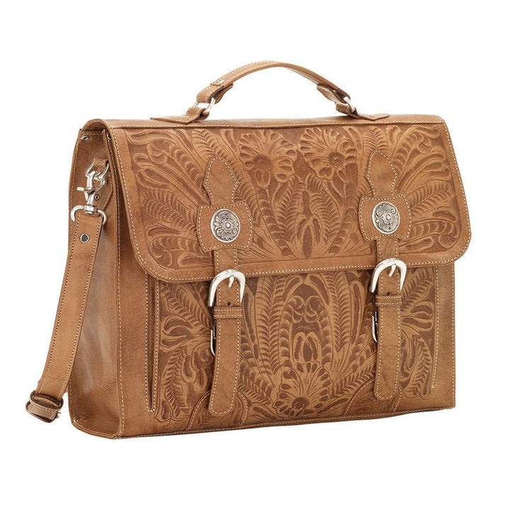 Side view of Classic Travel multi-compartment briefcase in light tan with hand tooled leather accents