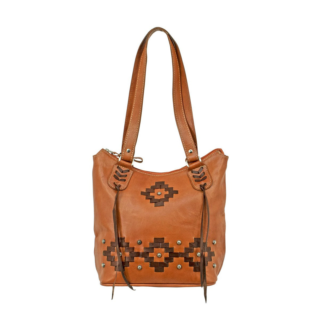 Tribal Weave bucket tote in natural tan with leather stitching accents with straps up