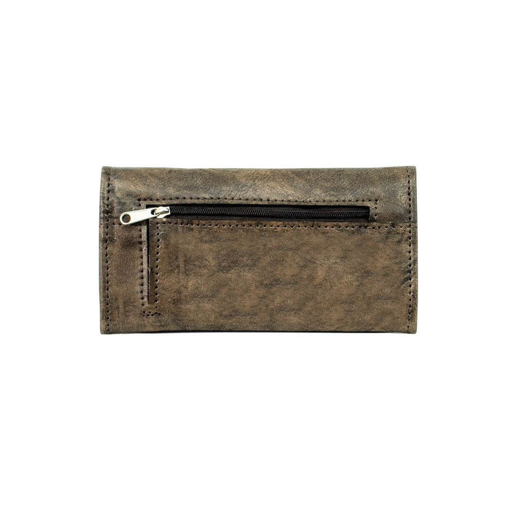 Back view of Tribal Weave tri-fold wallet with zippered pocket