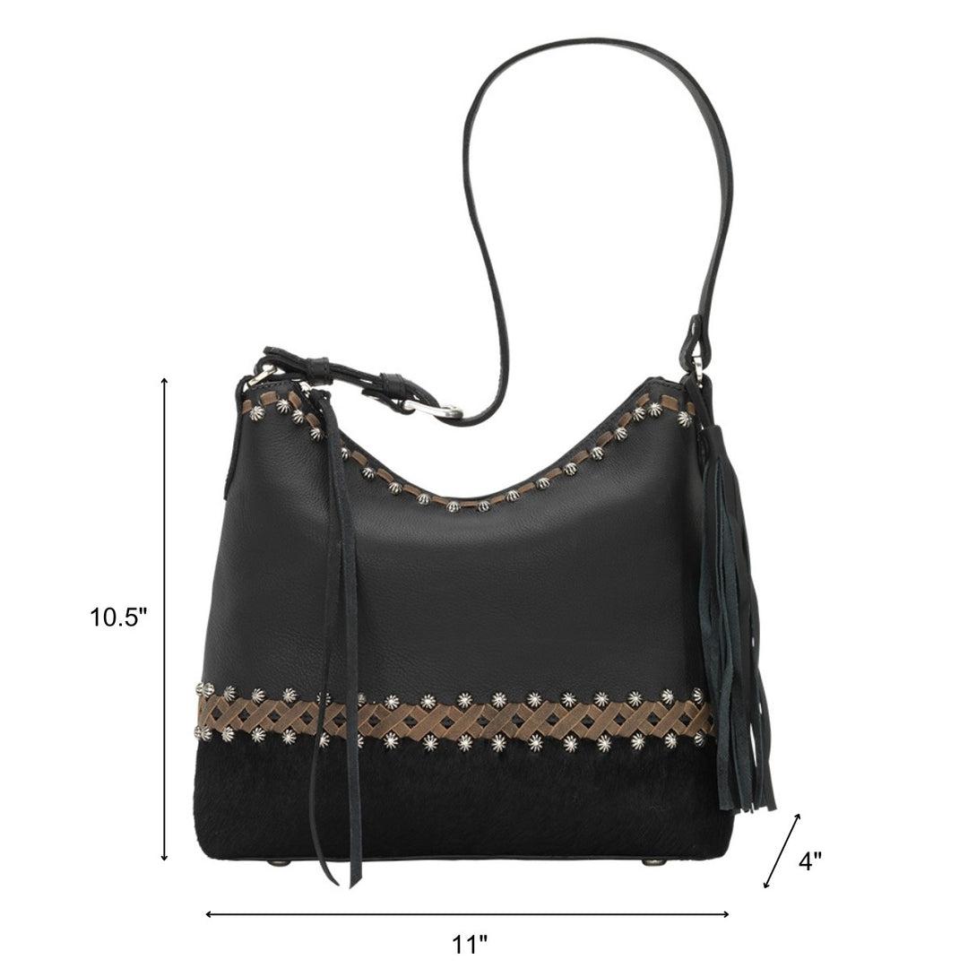 Wild Horses shoulder bag in black hair-on with hand tooled leather accents with dimensions