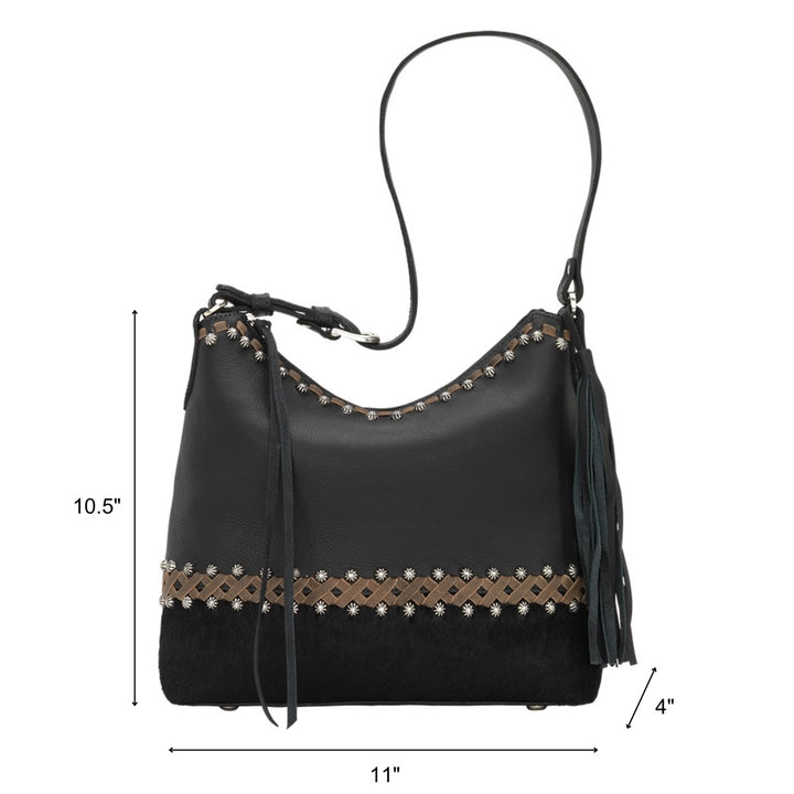Wild Horses shoulder bag in black hair-on with hand tooled leather accents with dimensions