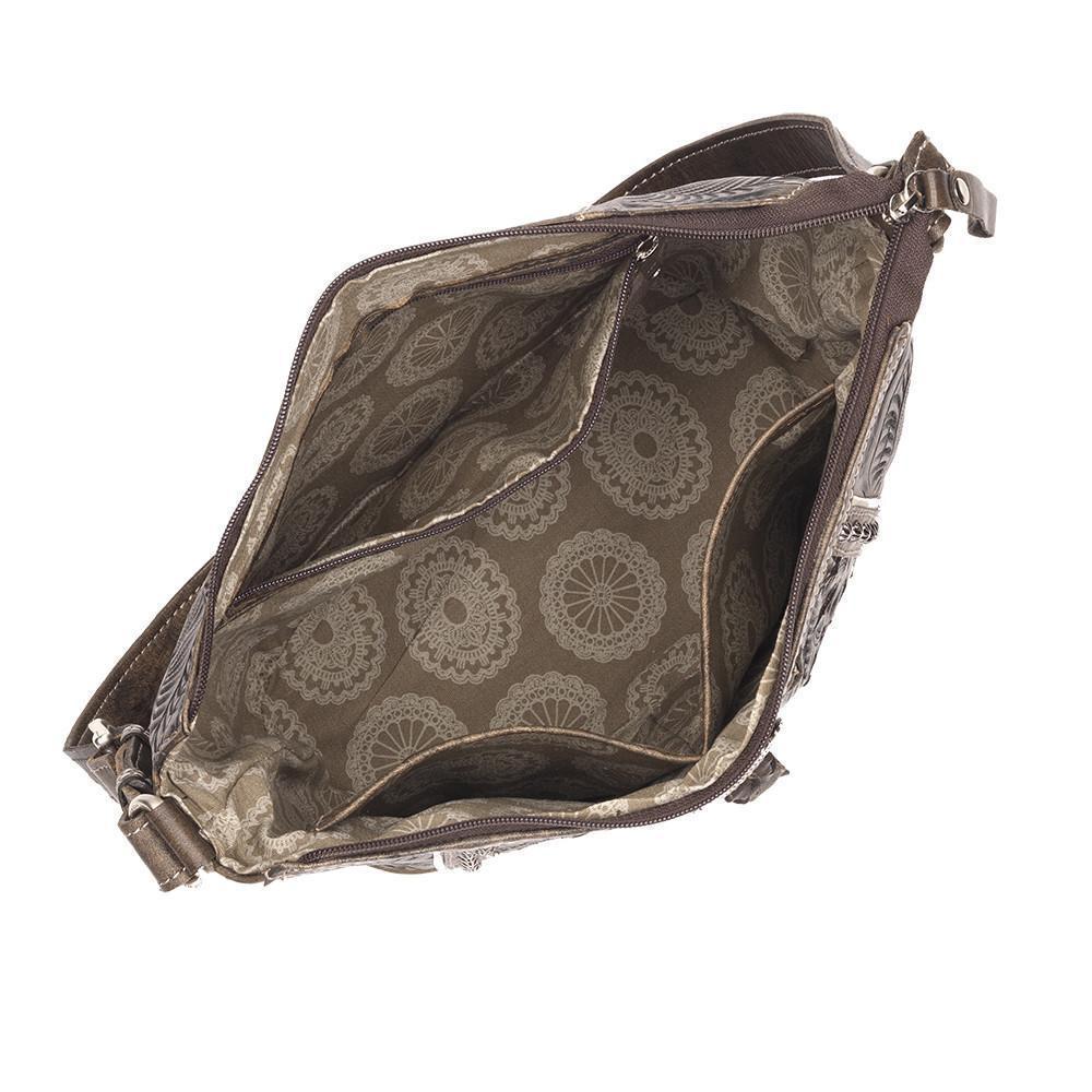Inside view of Hill Country bucket tote with one zippered and two slip pockets