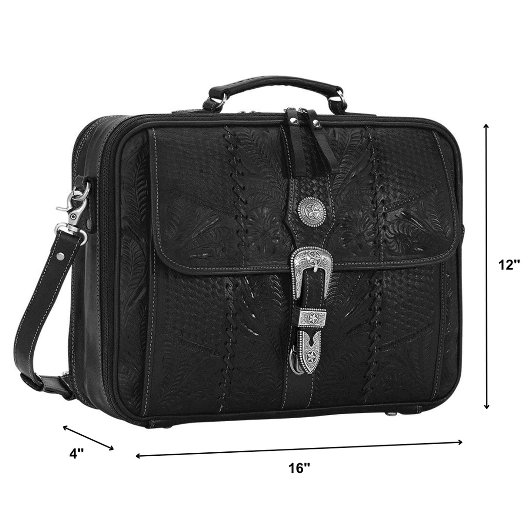 Classic Travel laptop briefcase in black with hand tooled leather and buckle set accents with dimensions