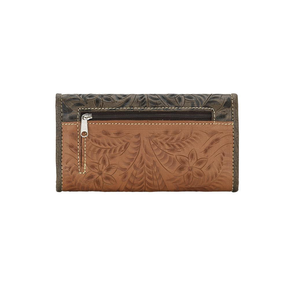 Back view of Desert Wildflower tri-fold wallet with zippered pocket