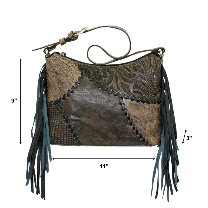 Gypsy Patch shoulder bag in distressed charcoal brown with hand tooled leather accents with dimensions