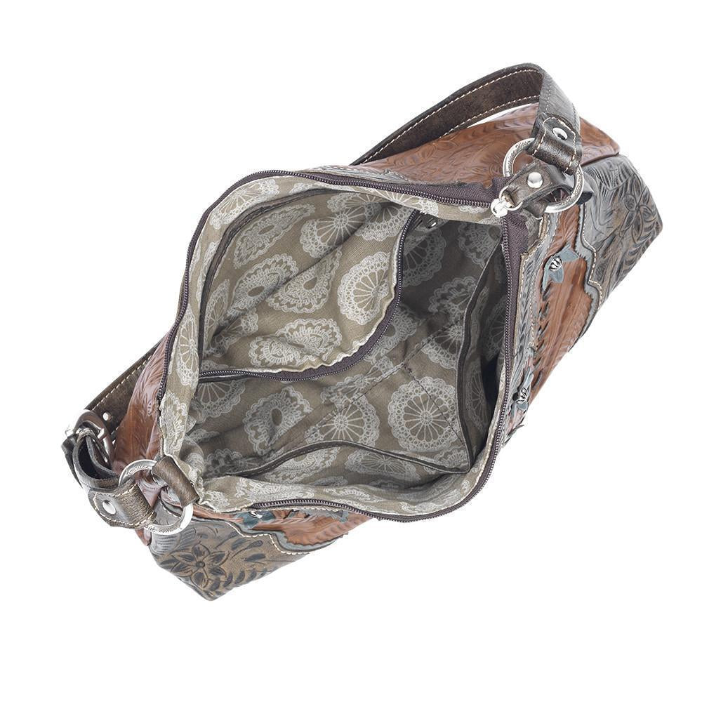 Inside view of Desert Wildflower shoulder bag with one zippered and two slip pockets