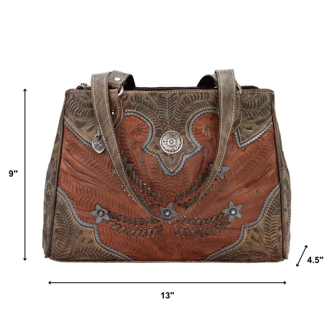 Desert Wildflower multi-compartment organizer tote in medium brown with hand tooled leather turquoise colored flower accents with dimensions