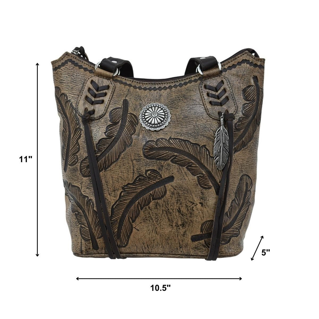 Sacred Bird bucket tote in distressed charcoal brown leather with hand tooled feathers with dimensions