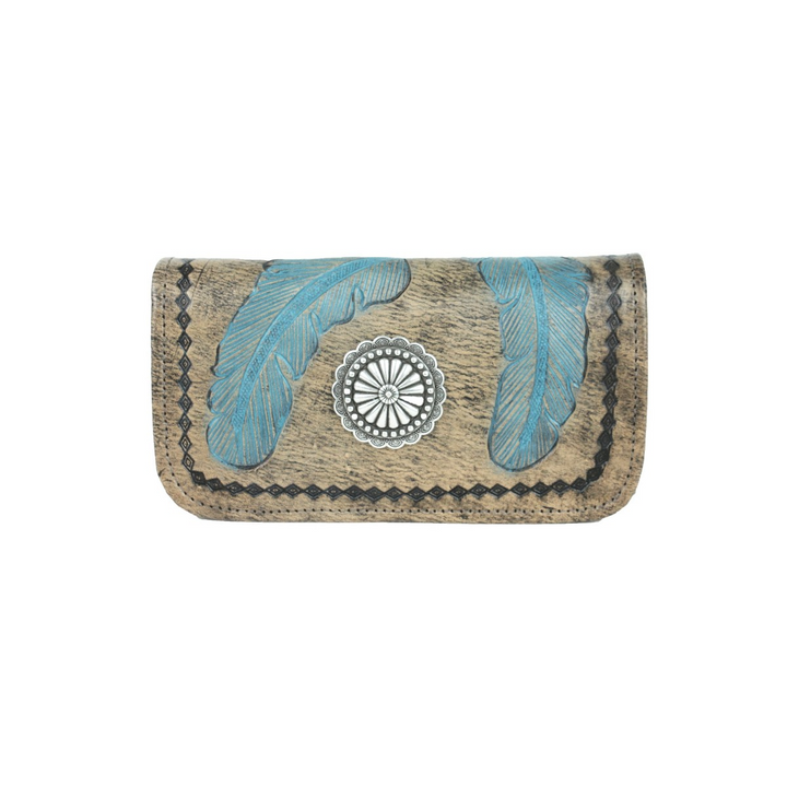 Sacred Bird tri-fold wallet in distressed charcoal brown leather with turquoise hand tooled feathers