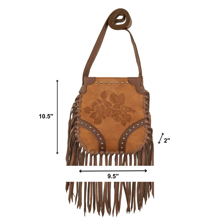 Fringed Cowgirl crossbody in natural tan with hand tooled leather rose accents and fringe with dimensions