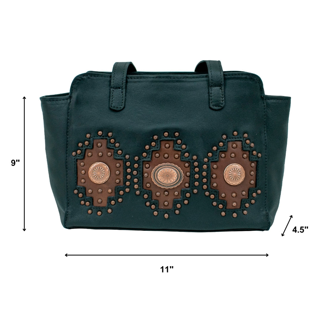 Midnight Copper conceal carry tote in black with hand tooled accents with dimensions