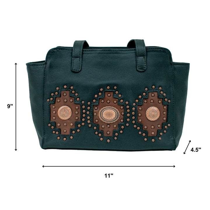 Midnight Copper conceal carry tote in black with hand tooled accents with dimensions