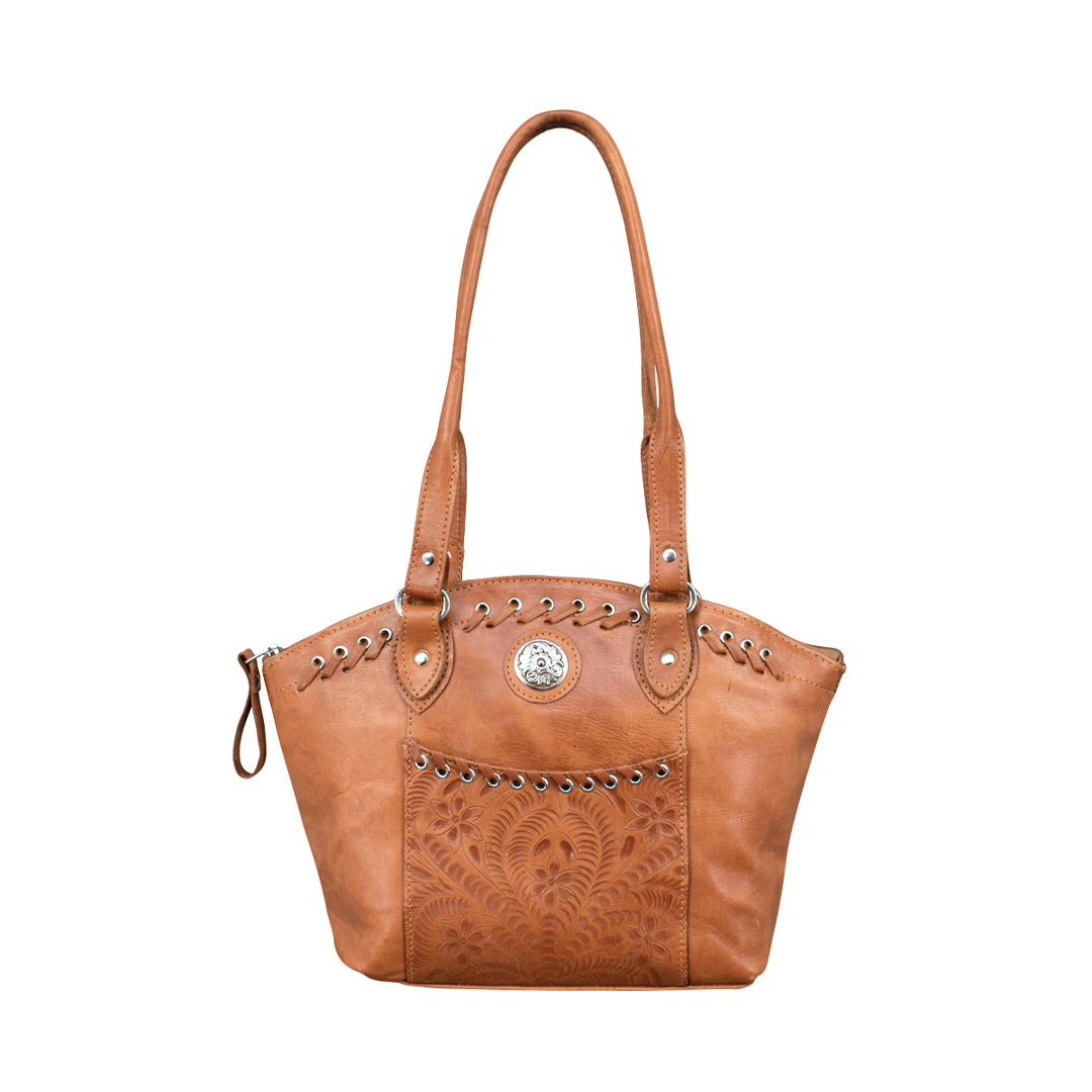 Harvest Moon Bucket conceal carry tote in natural tan with hand tooled leather accents with straps up