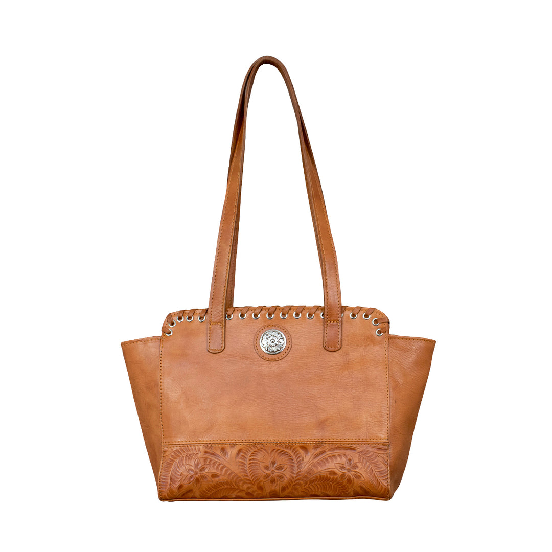 Harvest Moon conceal carry tote in natural tan with hand tooled leather accents