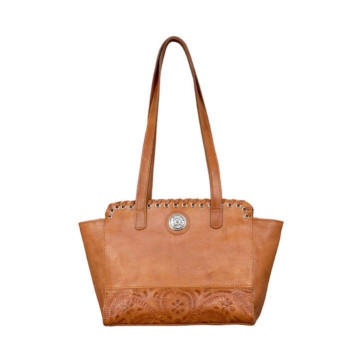 Harvest Moon conceal carry tote in natural tan with hand tooled leather accents