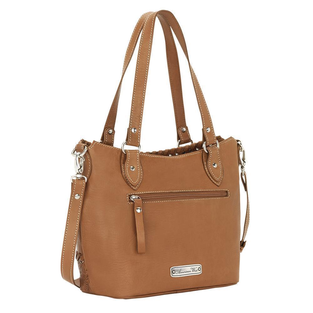Back view of Harvest Moon convertible bucket tote with zippered pocket