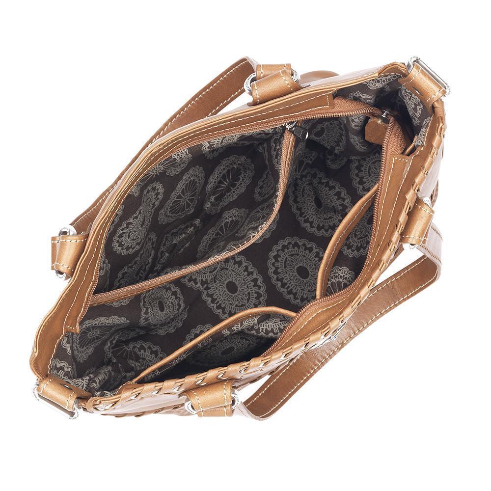 Inside view of Harvest Moon convertible bucket tote with one zippered and two slip pockets