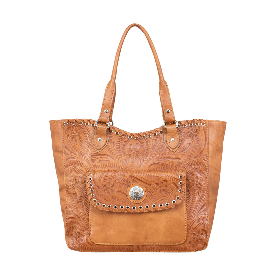 Harvest Moon conceal carry tote in natural tan with hand tooled leather accents with straps up