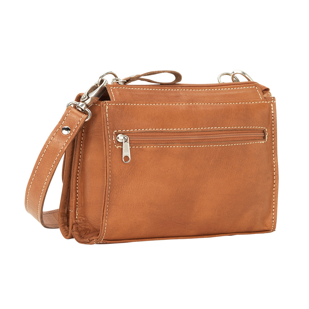 Back view of Friendship Arrows crossbody bag in natural tan with zippered pocket